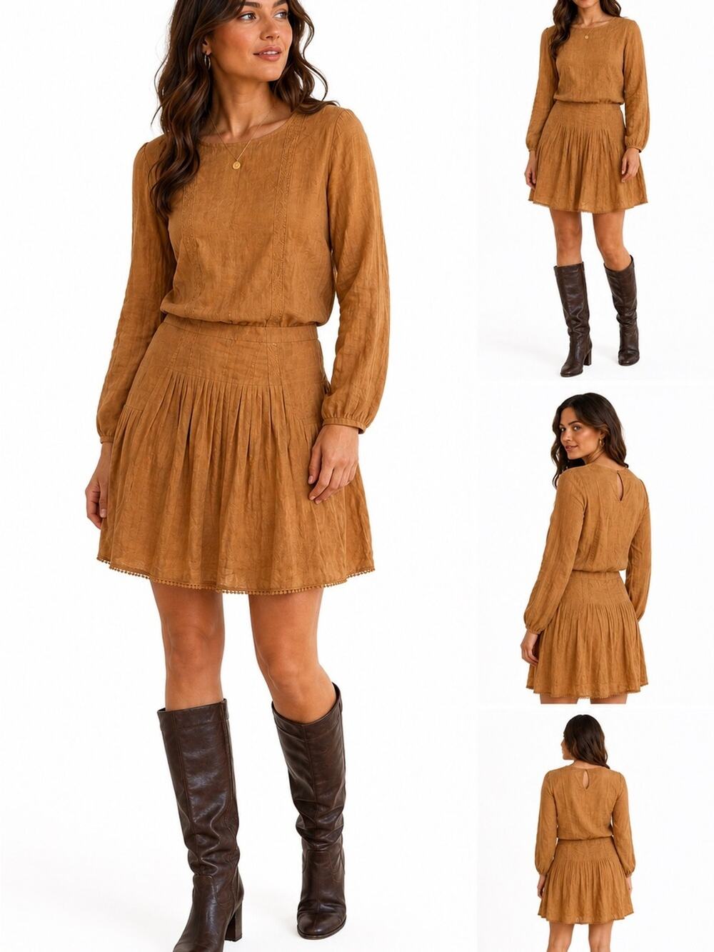 Frieeah Camel Linen Blend Long Sleeve Drop Waist Mini Dress Cottagecore Boho L